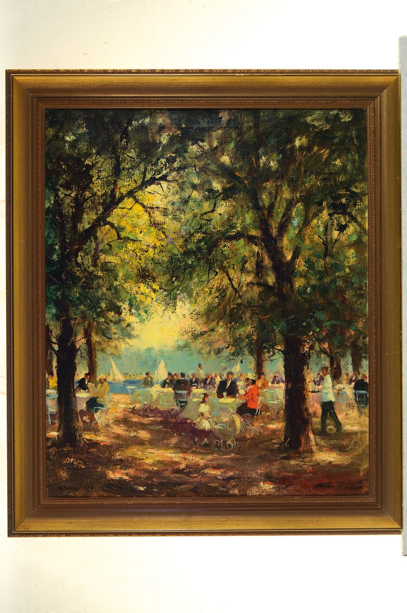 Detail k: K. Schneider, Maler der 1. Hälfte des 20. Jh., vielfigurige Biergartenszene an einem See, Öl/Lwd, links unten signiert, ca. 60x 50cm, R. ca. 70x60cm