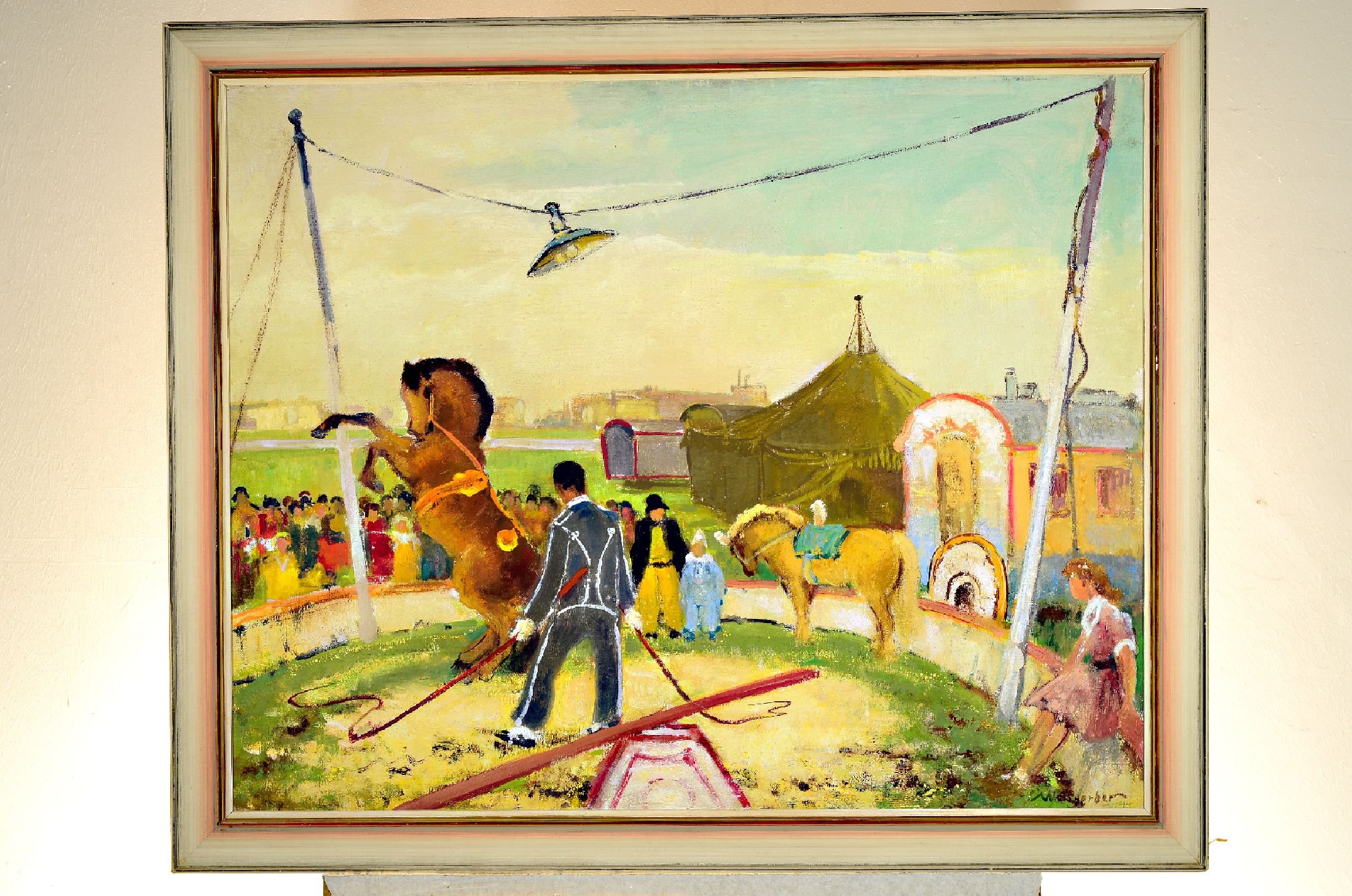 Carl Weisgerber, 1891 Ahrweiler-1968 Düsseldorf, Im Zirkus, Pferde in der Aussenmanege, Öl/Hartfaser, rechts unten sign., ca. 79.5x99.5cm, R. ca. ...
