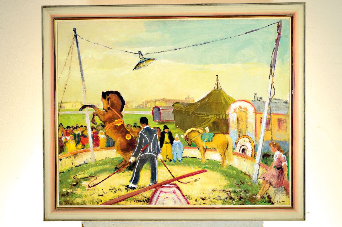 Detail k: Carl Weisgerber, 1891 Ahrweiler-1968 Düsseldorf, Im Zirkus, Pferde in der Aussenmanege, Öl/Hartfaser, rechts unten sign., ca. 79.5x99.5cm, R. ca. ...