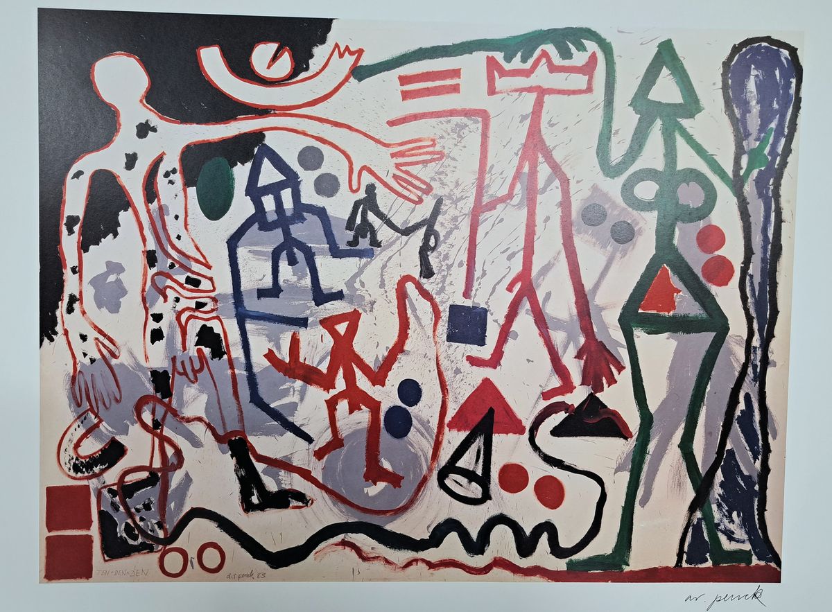 A.R. Penck, 1939-2017, Offetlithografie auf dünnem Karton, handsign., Kunstdruck 1991,Hrsg: Achenbach Art Edition, ca. 70x90 cm