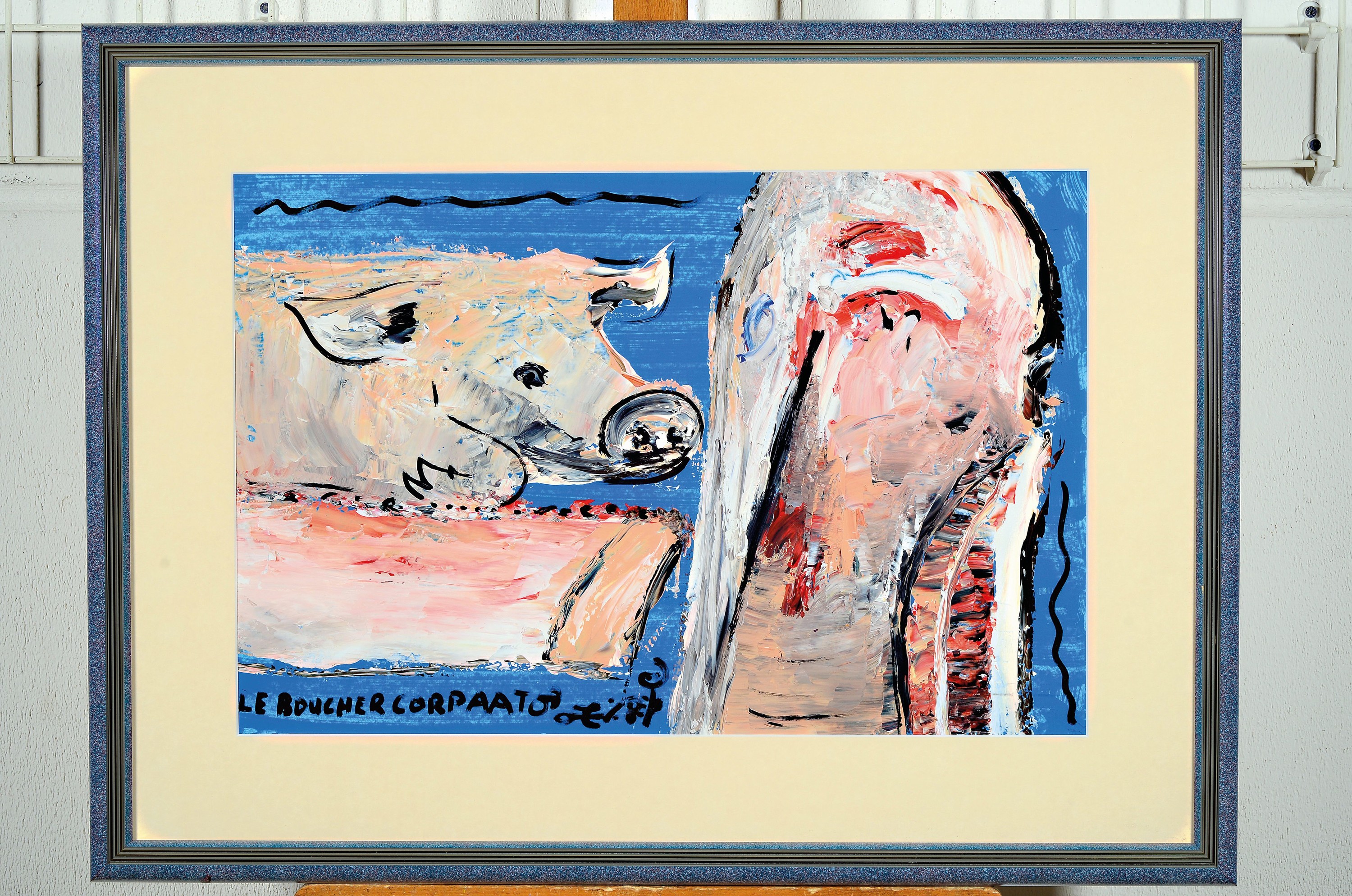 Detail k: Le Boucher Corpaato, (Jean Pierre Corpaato) Schweinehälften bzw. Schweinedarstellung, Acryl/Karton, signiert, ca. 39 x 58.5 cm, unter Glas, Rahmen, ...