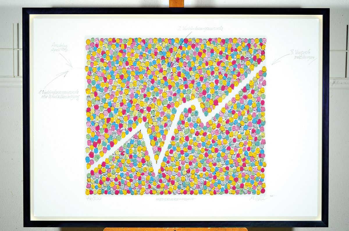 M. Will, zeitgenössische Künstler, Lithographie, "Wiedervereinigung", handsigniert, Ed. 47/300, datiert 1997, unter Glas gerahmt 75x105 cm