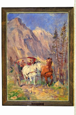 Image 26714006 - Paul Henschel, 1889 Hagen-1982 Wülfrath, 2 works in oil/painting board, 1) two show jumpers, signed. approx. 24x30cm, frame approx. 30x36 cm; 2) two-horse carriage in the mountains, oil/hardboard, signed lower right, approx. 44x31cm, frame approx. 49x36cm