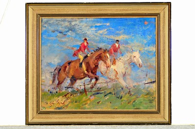 26714006a - Paul Henschel, 1889 Hagen-1982 Wülfrath, 2 works in oil/painting board, 1) two show jumpers, signed. approx. 24x30cm, frame approx. 30x36 cm; 2) two-horse carriage in the mountains, oil/hardboard, signed lower right, approx. 44x31cm, frame approx. 49x36cm