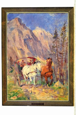 26714006k - Paul Henschel, 1889 Hagen-1982 Wülfrath, 2 works in oil/painting board, 1) two show jumpers, signed. approx. 24x30cm, frame approx. 30x36 cm; 2) two-horse carriage in the mountains, oil/hardboard, signed lower right, approx. 44x31cm, frame approx. 49x36cm