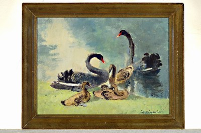 Image 26714009 - Carl Weisgerber, 1891 Ahrweiler-1968 Düsseldorf, 2 works in oil/canvas, 1) three pigeons, right. signed below, approx. 50x60cm, R. approx. 60x 70cm, 2) family of geese at the pond, signed lower right, approx. 32x41.5cm, frame approx. 39x49cm, student of Max Clarenbach and master student of Junghanns at the academy Dusseldorf