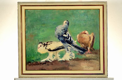 26714009a - Carl Weisgerber, 1891 Ahrweiler-1968 Düsseldorf, 2 works in oil/canvas, 1) three pigeons, right. signed below, approx. 50x60cm, R. approx. 60x 70cm, 2) family of geese at the pond, signed lower right, approx. 32x41.5cm, frame approx. 39x49cm, student of Max Clarenbach and master student of Junghanns at the academy Dusseldorf