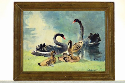 26714009k - Carl Weisgerber, 1891 Ahrweiler-1968 Düsseldorf, 2 works in oil/canvas, 1) three pigeons, right. signed below, approx. 50x60cm, R. approx. 60x 70cm, 2) family of geese at the pond, signed lower right, approx. 32x41.5cm, frame approx. 39x49cm, student of Max Clarenbach and master student of Junghanns at the academy Dusseldorf