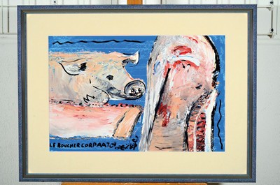 Image 26714039 - Le Boucher Corpaato, (Jean Pierre Corpaato) pork halves or pig depiction, acrylic/cardboard, signed, approx. 39 x 58.5 cm, under glass, frame, approx. 60 x 79.5 cm