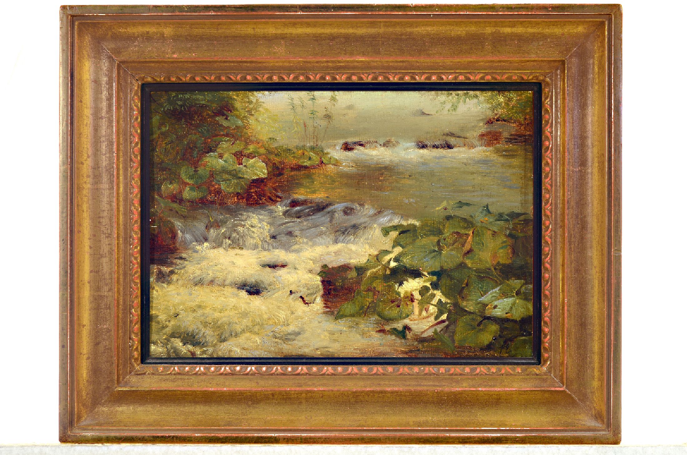 Friedrich Eltermann, Iserlohn 1835- 1919 Hildesheim, kleiner Wasserfall in Italien, Öl/Malpappe, re. u. monogrammiert, rückseitig altes Etikett mit ...