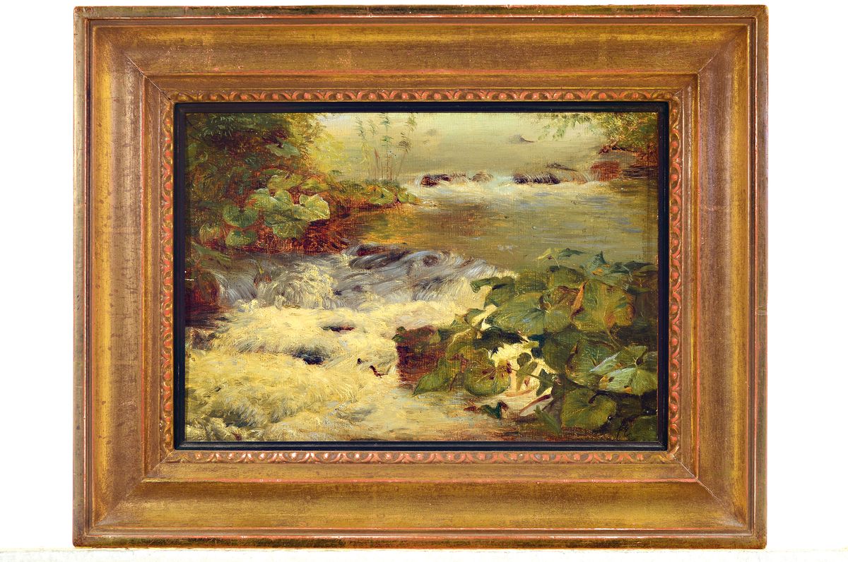 Detail k: Friedrich Eltermann, Iserlohn 1835- 1919 Hildesheim, kleiner Wasserfall in Italien, Öl/Malpappe, re. u. monogrammiert, rückseitig altes Etikett mit ...