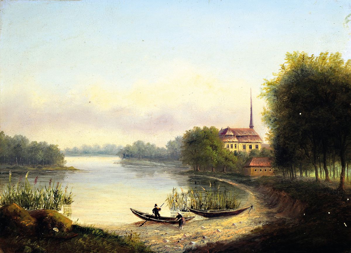 Detail a: Spätromantiker der 2. Hälfte des 19.Jh, signiert F. Hrd, Zwei Pendants, Flusslandschaft mit Fischern und Burganlage mit Wanderer, Öl/Lwd, ...