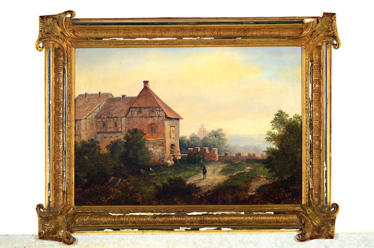 Detail k: Spätromantiker der 2. Hälfte des 19.Jh, signiert F. Hrd, Zwei Pendants, Flusslandschaft mit Fischern und Burganlage mit Wanderer, Öl/Lwd, ...