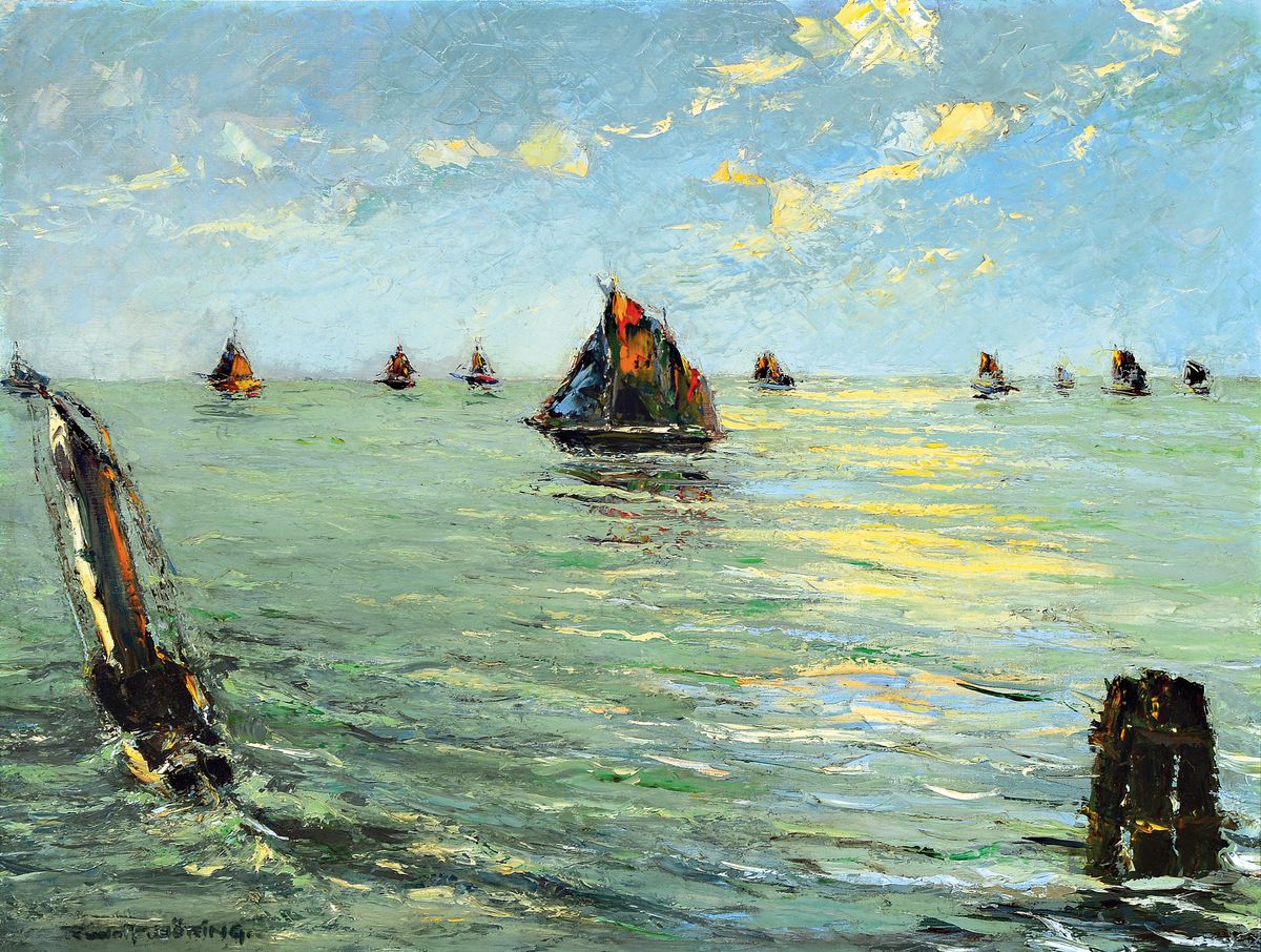 Rudolf Döring, 1888-1969, maritime Landschaft, Segelschiffe auf hoher See, Öl/Lwd, links unten signiert, pastoser Farbauftrag, schwarzer Rahmen, ...
