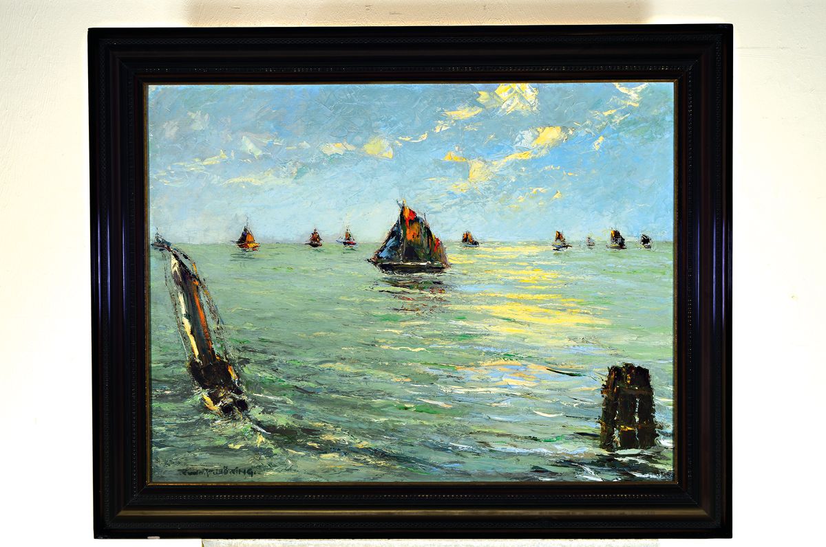 Detail k: Rudolf Döring, 1888-1969, maritime Landschaft, Segelschiffe auf hoher See, Öl/Lwd, links unten signiert, pastoser Farbauftrag, schwarzer Rahmen, ...