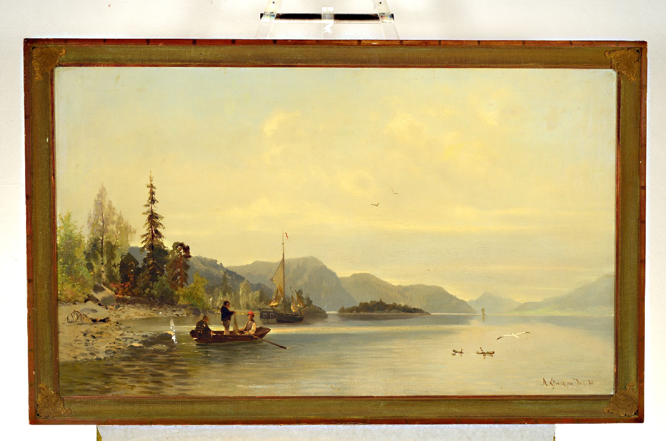 A. Erickson, Düsseldorfer Schule,, Seenlandschaft mit Fischern am Ufer, Öl/Lwd, rechts unten signiert und datiert (18)80, links kl. ...