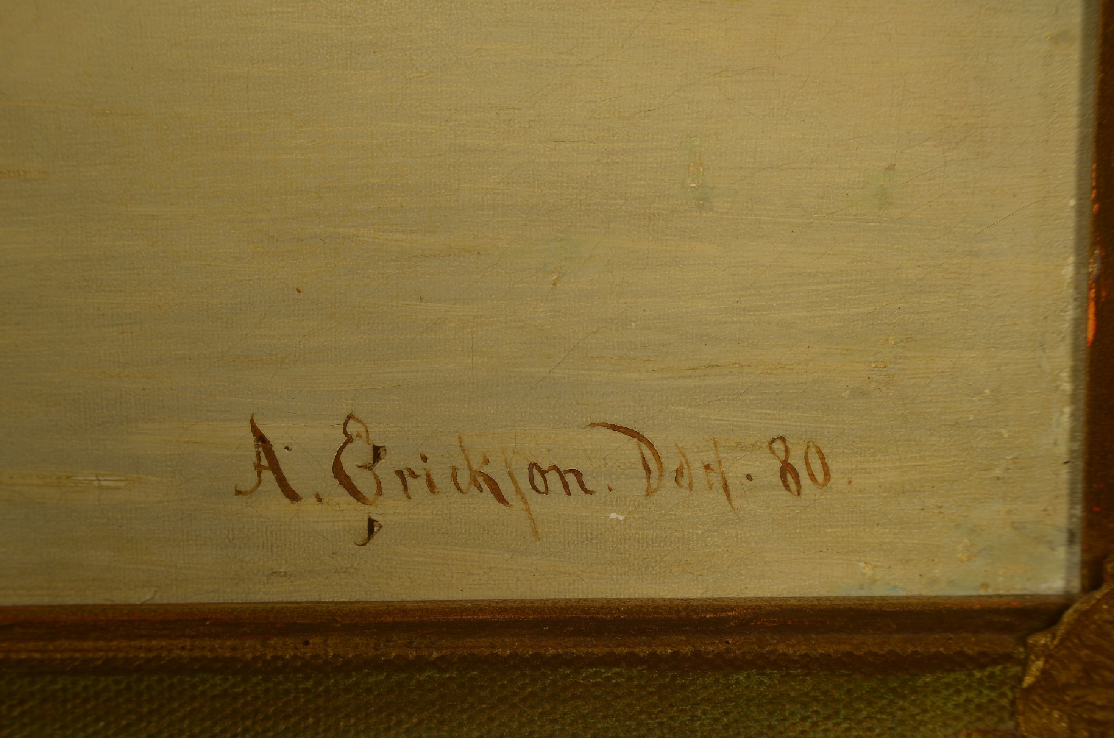 Detail a: A. Erickson, Düsseldorfer Schule,, Seenlandschaft mit Fischern am Ufer, Öl/Lwd, rechts unten signiert und datiert (18)80, links kl. ...