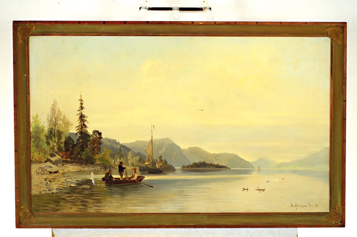 Detail k: A. Erickson, Düsseldorfer Schule,, Seenlandschaft mit Fischern am Ufer, Öl/Lwd, rechts unten signiert und datiert (18)80, links kl. ...