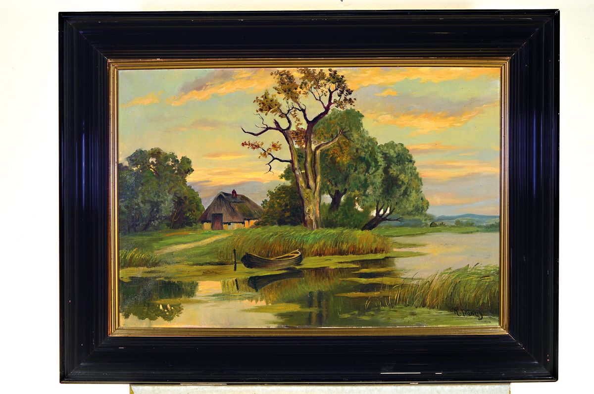 Detail k: M. Fränzis, um 1900/20, Landschaft im Abendrot, Öl/Lwd, re. unten signiert, ca. 54 x80 cm, Rahmen ca.75 x 100 cm, Rahmen l. best.