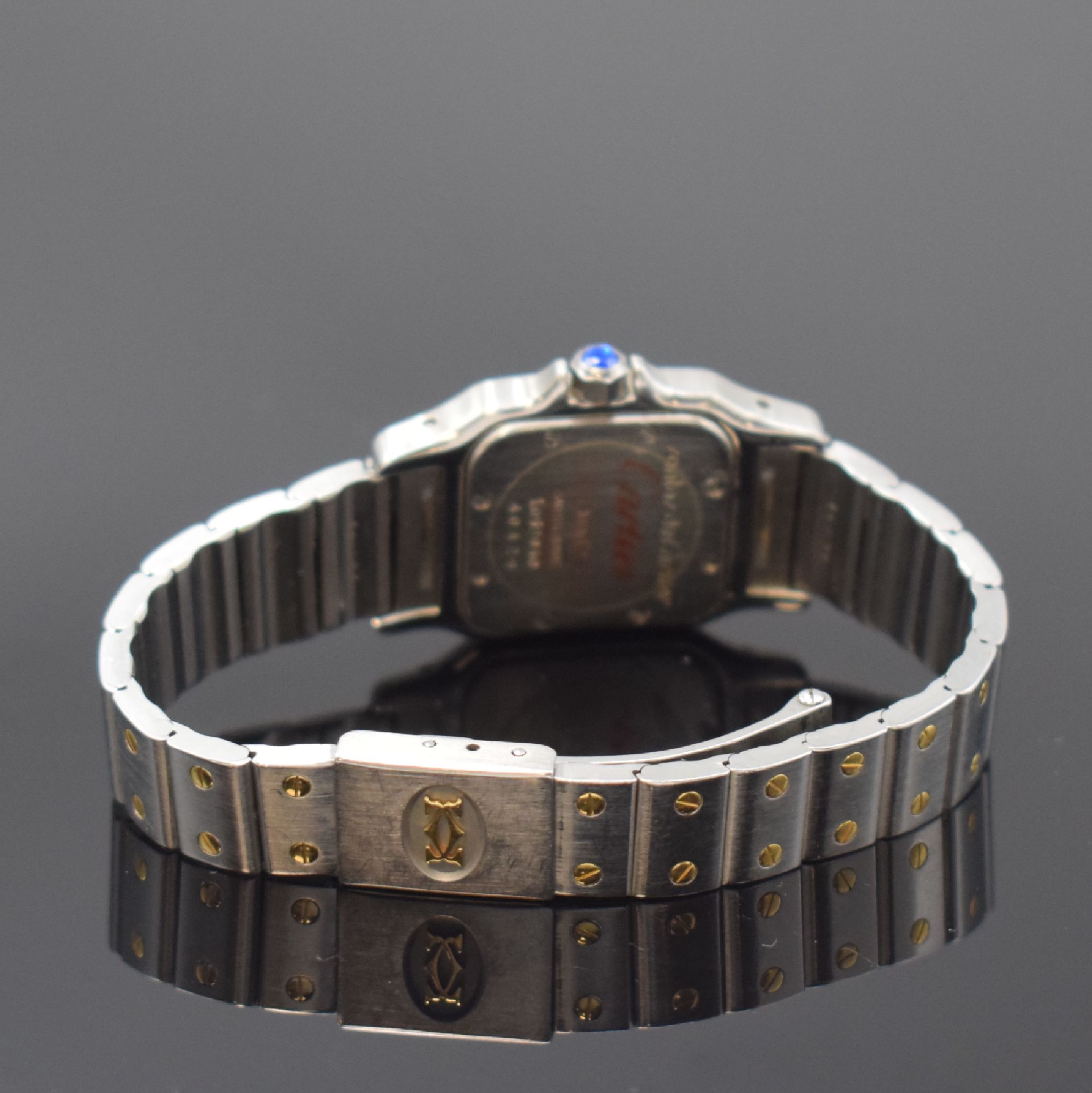 Detail b: CARTIER Santos Damenarmbanduhr Referenz 1057930, Schweiz um 2000, quartz, Edelstahl/Gold komb., Boden verschr., Gliederband m. Faltschl., hellbraunes ...