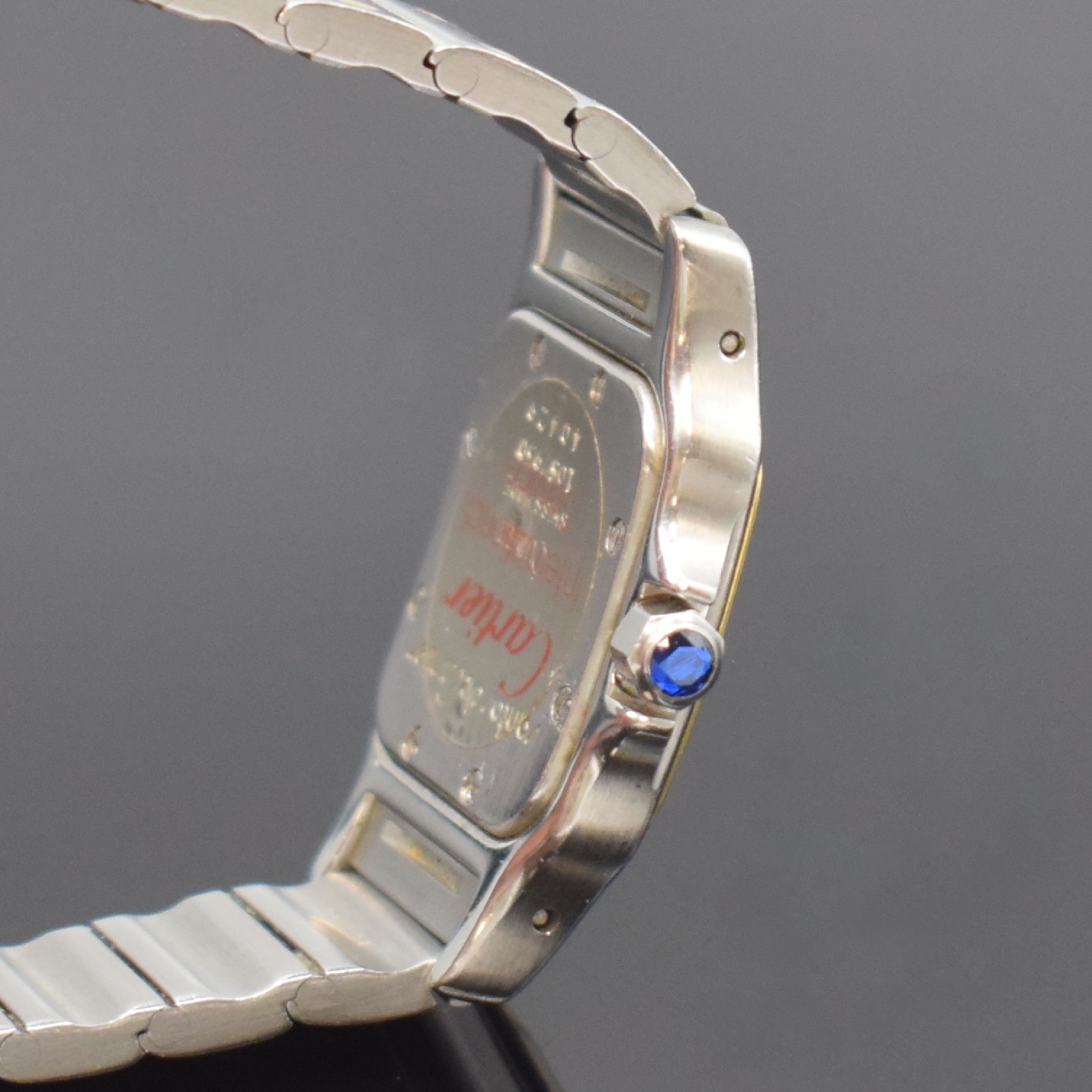 Detail c: CARTIER Santos Damenarmbanduhr Referenz 1057930, Schweiz um 2000, quartz, Edelstahl/Gold komb., Boden verschr., Gliederband m. Faltschl., hellbraunes ...