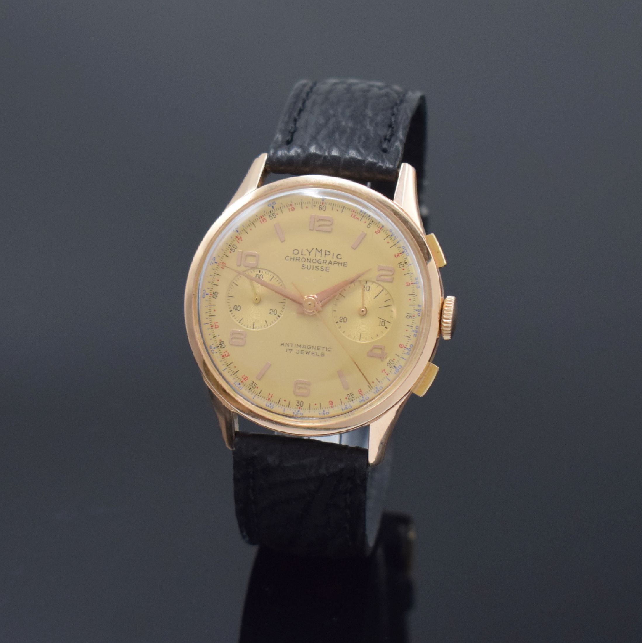 OLYMPIC / CHRONOGRAPHE SUISSE Herrenchronograph in RG 750/000, Schweiz um 1960, Handaufzug, Geh. dell., Boden aufgedr., goldfarb. Zifferbl. m. gold. ...