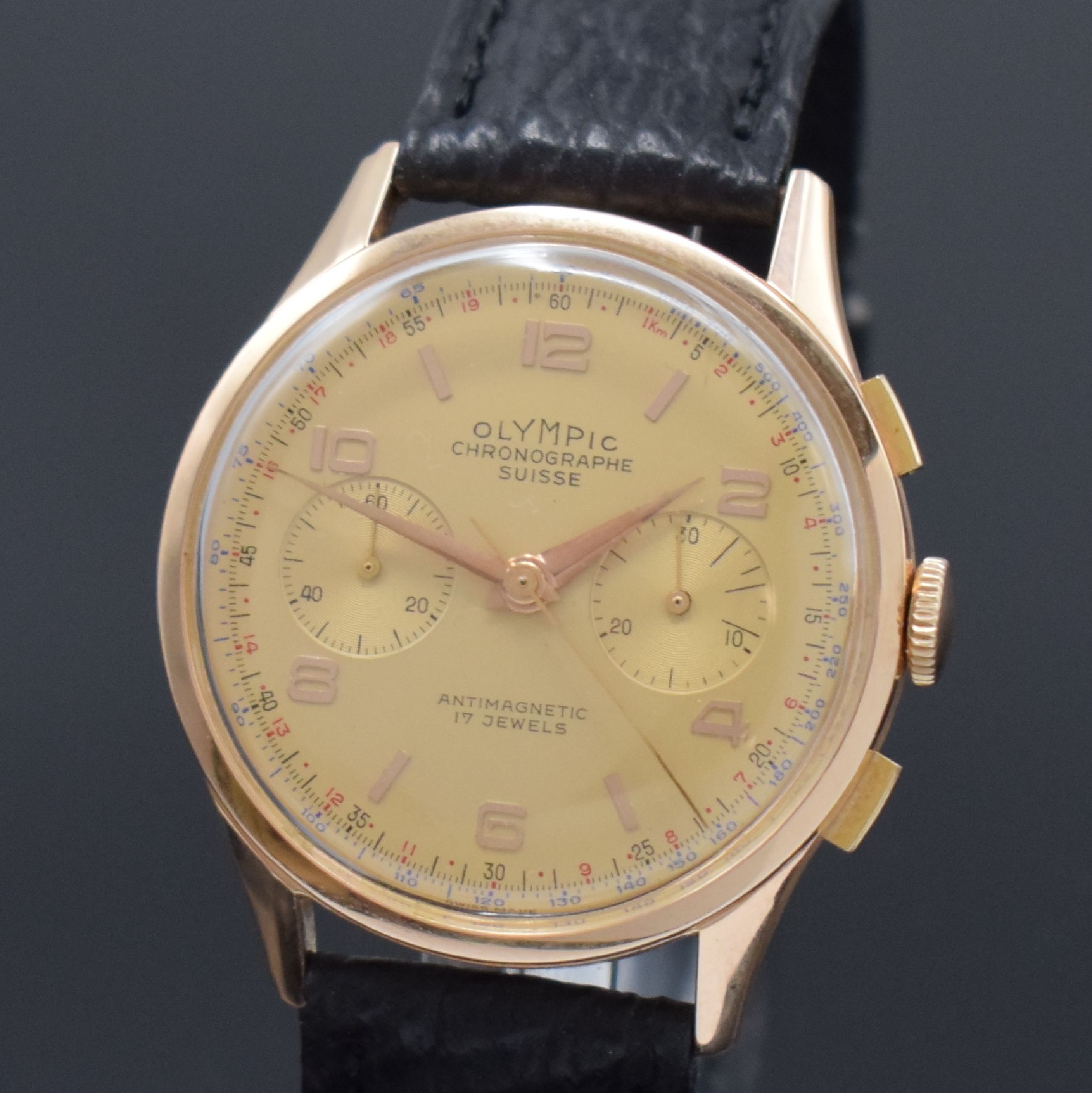 Detail a: OLYMPIC / CHRONOGRAPHE SUISSE Herrenchronograph in RG 750/000, Schweiz um 1960, Handaufzug, Geh. dell., Boden aufgedr., goldfarb. Zifferbl. m. gold. ...