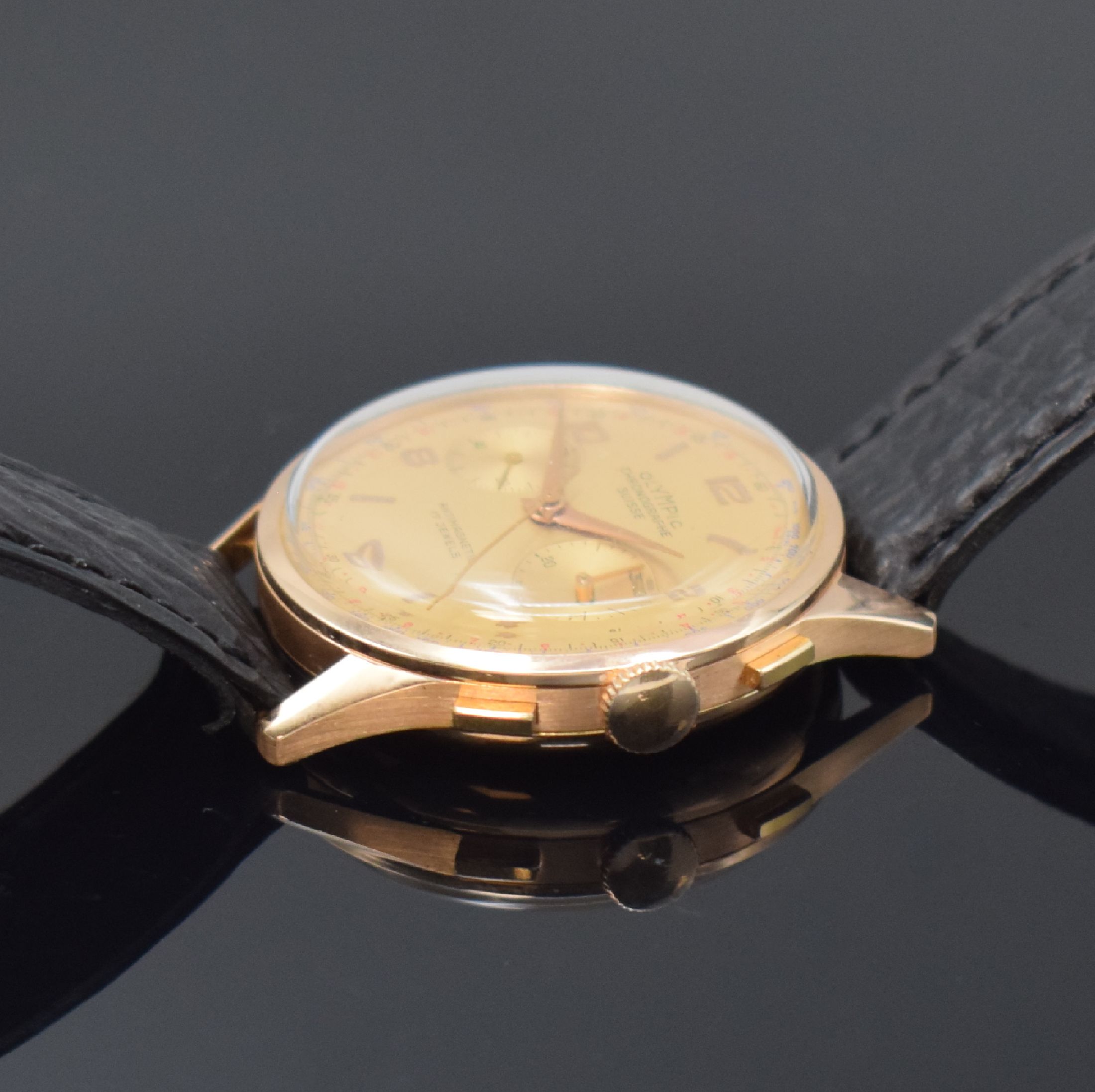 Detail b: OLYMPIC / CHRONOGRAPHE SUISSE Herrenchronograph in RG 750/000, Schweiz um 1960, Handaufzug, Geh. dell., Boden aufgedr., goldfarb. Zifferbl. m. gold. ...
