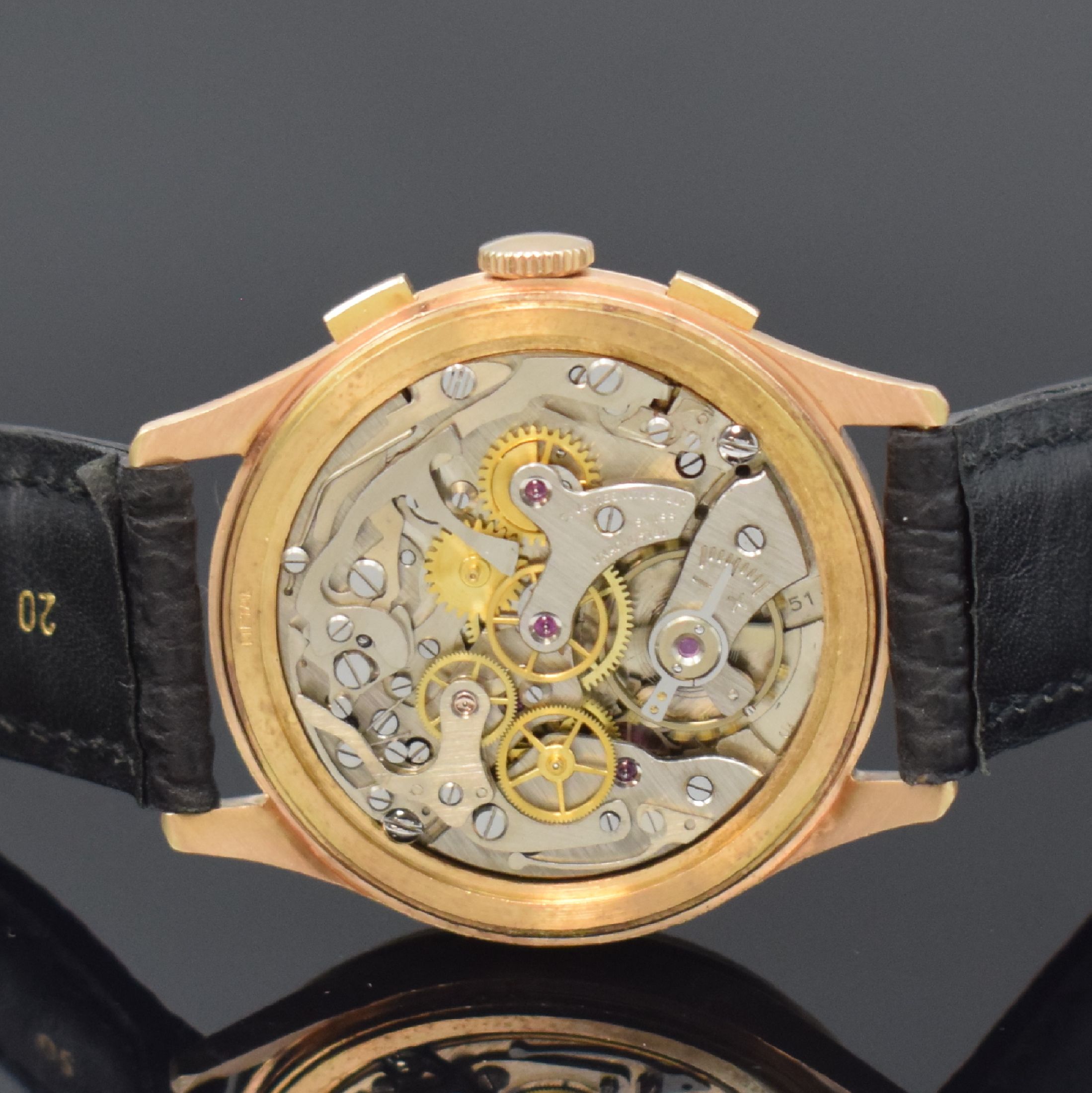 Detail f: OLYMPIC / CHRONOGRAPHE SUISSE Herrenchronograph in RG 750/000, Schweiz um 1960, Handaufzug, Geh. dell., Boden aufgedr., goldfarb. Zifferbl. m. gold. ...