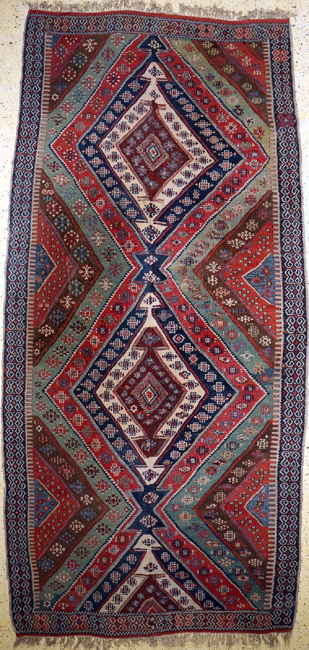 Aydin Kelim antik(2 Bahnig), Türkei, um 1900, Wolle auf Wolle, ca. 420 x 195 cm, Reinigungsbedürftig, EHZ: 2