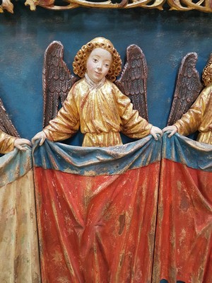 26714133c - Image carving/relief, Wilhelm Senoner (born 1946 St. Ulrich-Gröden), four angels, based onthe Gothic style, probably carved from pine wood, colorfully painted and gilded, high- quality carving, expressive, approx. 71 x 99 cm