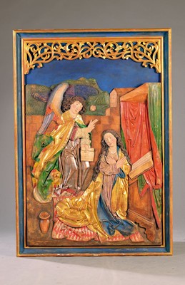 Image 26714135 - Image carving/relief, Wilhelm Senoner (born 1946 Ortisei-Gröden), Annunciation, made basedon the Gothic model, probably made of pine wood, colorfully painted and gilded, high- quality carving, expressive, approx. 133 x 92 cm,slight Color defects