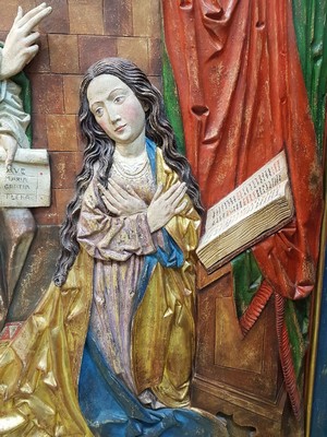 26714135c - Image carving/relief, Wilhelm Senoner (born 1946 Ortisei-Gröden), Annunciation, made basedon the Gothic model, probably made of pine wood, colorfully painted and gilded, high- quality carving, expressive, approx. 133 x 92 cm,slight Color defects