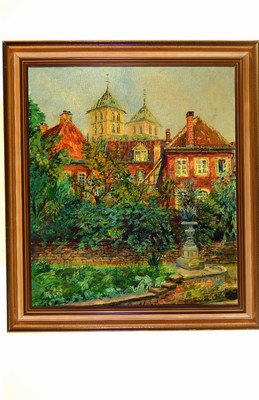 Image 26714142 - H. Schette-Raukman, city view with garden, oil/canvas, signed, approx. 70 x 61 cm, frame approx. 82x73 cm, slight Signs of age