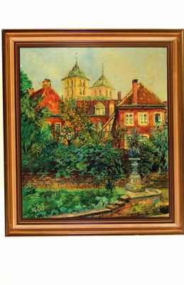 26714142k - H. Schette-Raukman, city view with garden, oil/canvas, signed, approx. 70 x 61 cm, frame approx. 82x73 cm, slight Signs of age