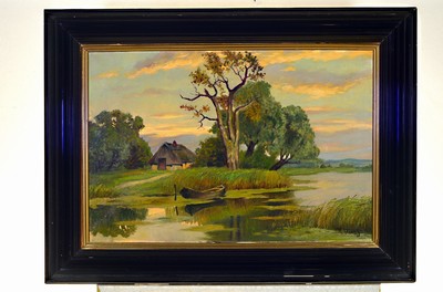 Image 26714143 - M. Fränzis, around 1900/20, landscape in the afterglow, oil/canvas, right. signed below, approx. 54 x 80 cm, frame approx. 75 x 100 cm,frame slight trace of use