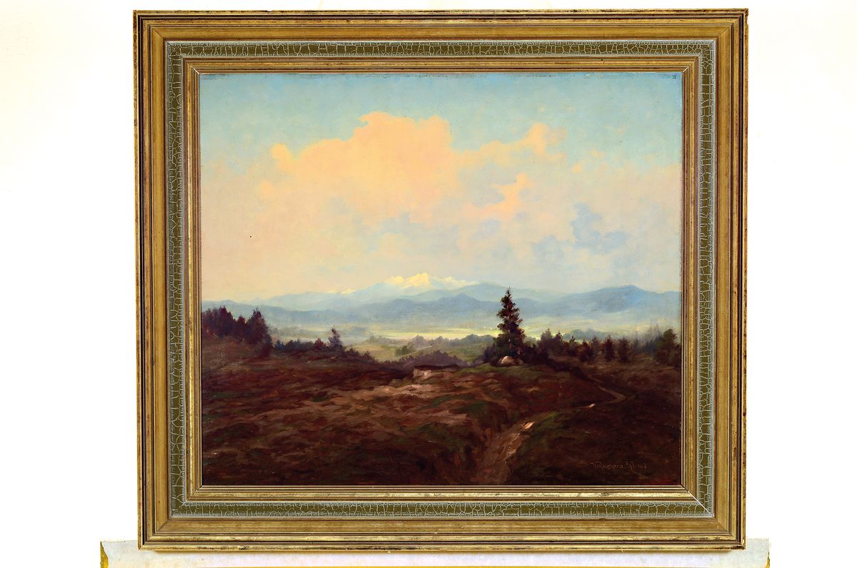 Detail k: K. Rupprecht, wohl Karl Rupprecht, 1816-1909, Weite Landschaft im Voralpenraum, Öl/Lwd/Malkarton, rechts unten signiert und dat. 47, ca. 50x58cm, R. ...
