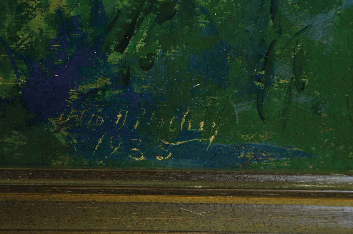 Detail a: Otto Ditscher, 1903-1987 Neuhofen, Altrheinlandschaft, Öl/Lwd, rechts unten sign. und dat. 35, ca. 50x80cm, R. ca. 61x91cm, hatte privaten ...