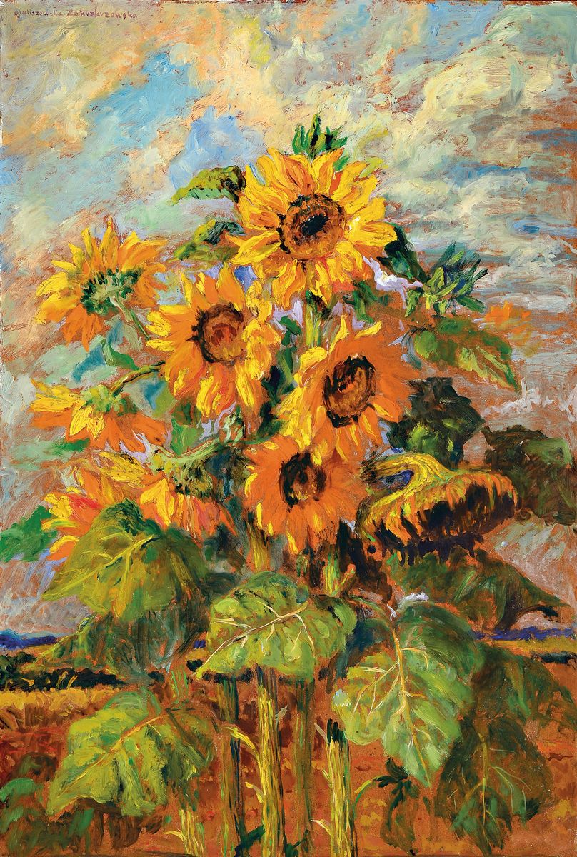 Janina Zakrzewska-Maliszewska, 1909-1982 Polen, Sonnenblumen auf dem Feld, Öl/ Hartfaser, links oben signiert, ca. 90x60cm, R. ca. 104x75cm