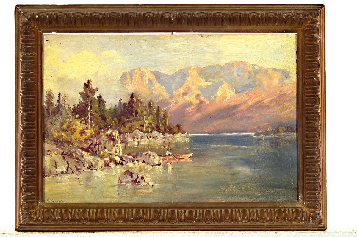 Detail k: Erwin Starker, 1872 Stuttgart - 1938 Ditzingen, "Eibsee" so verso bezeichnet, morgendlicher Blick über den Eibsee auf das Zugspitzmassiv, ...