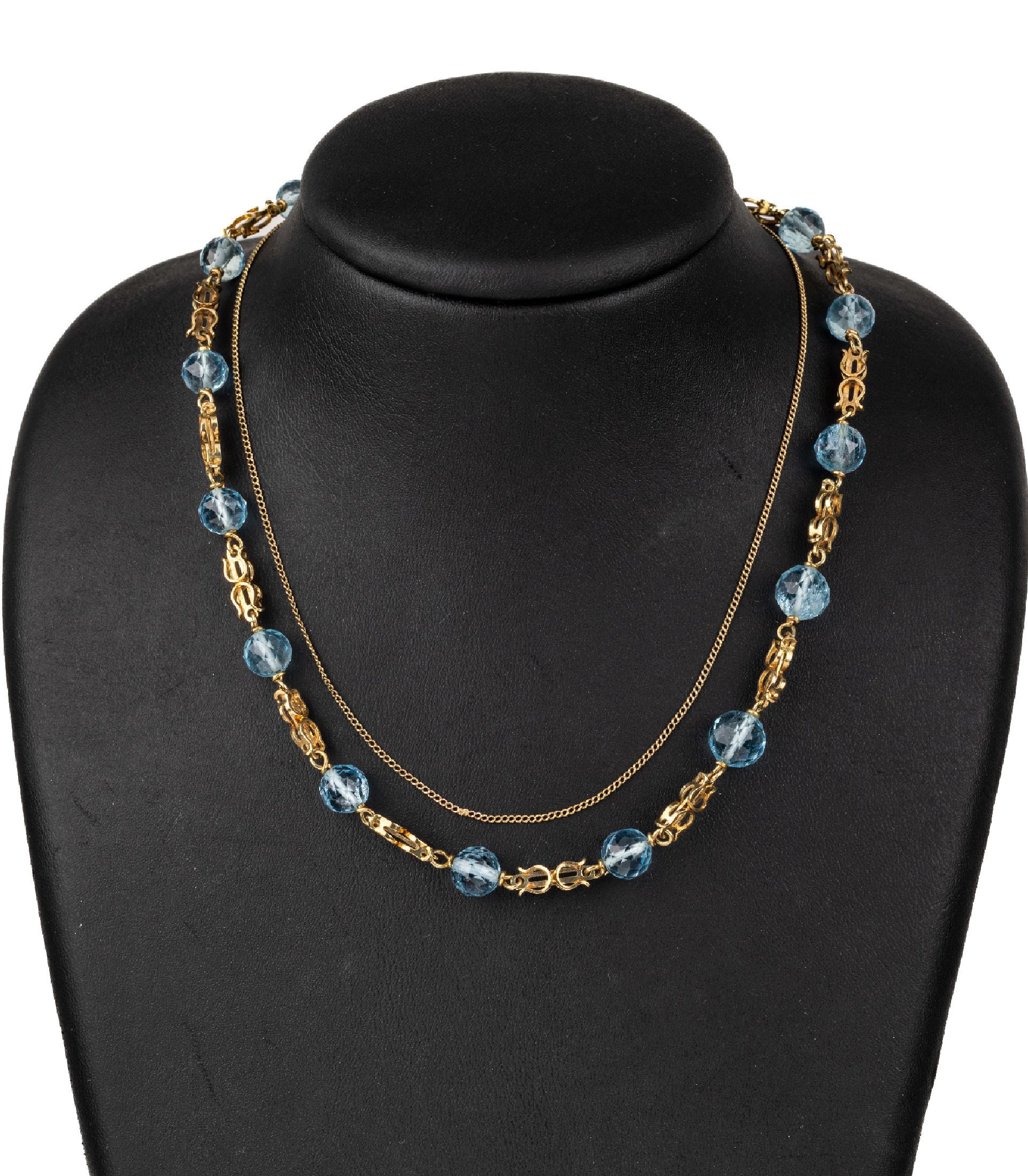 14 kt Gold Aquamarin-Collier, GG 585/000, 30 rundfacett. brasilianische Aquamarine zus. ca. 70.0 ct, Handarbeit, L. ca. 78 cm, (zzgl. abnehmbarer ...
