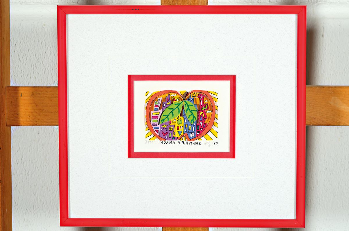 James Rizzi, 1950-2011 NY, 3D-Serigraphie, "Adams Nightmare", 1990, Ed. 253/350, handsigniert, Motiv 6x8 cm, farbig angepasste ...