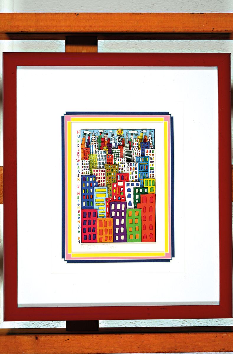 James Rizzi, 1950-2011 NY, 3D-Serigraphie, "Hundertwasser Neighborhood", 1989, Ed. 77/350, handsigniert, Motiv 16x11 cm, Galerie-Rahmung ...