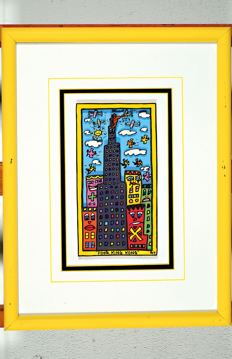 James Rizzi, 1950-2011 NY, 3D-Serigraphie, "Poor King Kong", 1994, Ed. 208/350, handsigniert, Motiv 23x12 cm, farbig angepasste ...