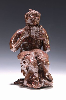 Image 26714441 - Ceramic sculpture, probably Karlsruhe majolica, post-war period, ceramic, cream- colored shard, metallic brown glaze, faun withpan flute, monogrammed MT on the base, traces of age, H. 24.5 cm