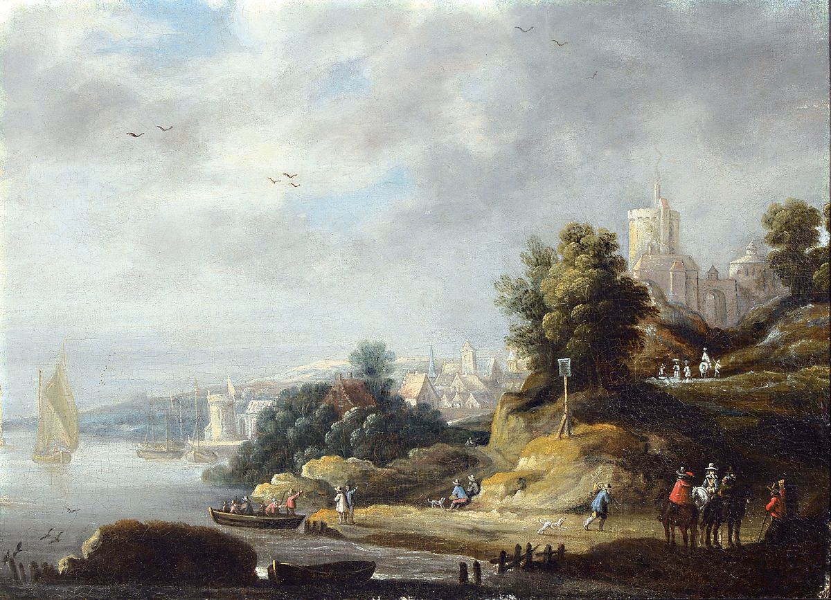 Zuschreibung: Aelbert Cuyp, 1620-1691 Dordrecht, holländische Flusslandschaft mit Fähre und Reitern, wohl Blick auf Nijmegen mit der Burg Valkhof, ...