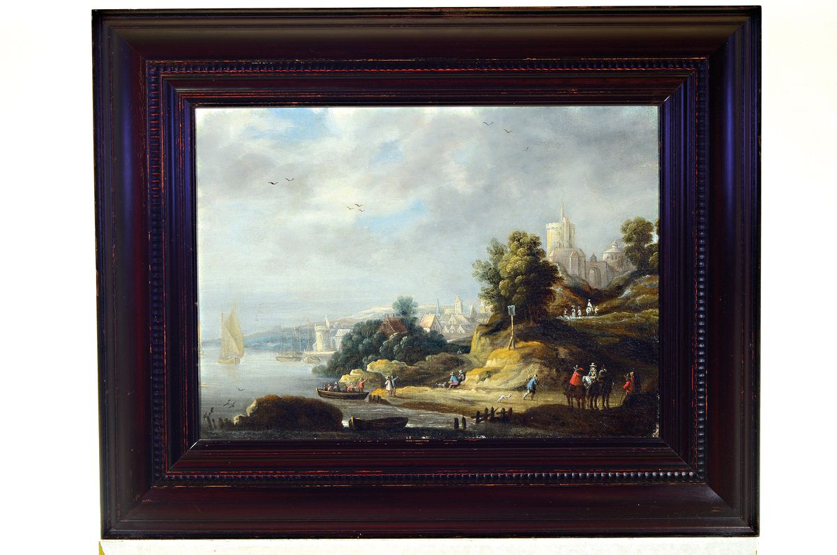 Detail k: Zuschreibung: Aelbert Cuyp, 1620-1691 Dordrecht, holländische Flusslandschaft mit Fähre und Reitern, wohl Blick auf Nijmegen mit der Burg Valkhof, ...
