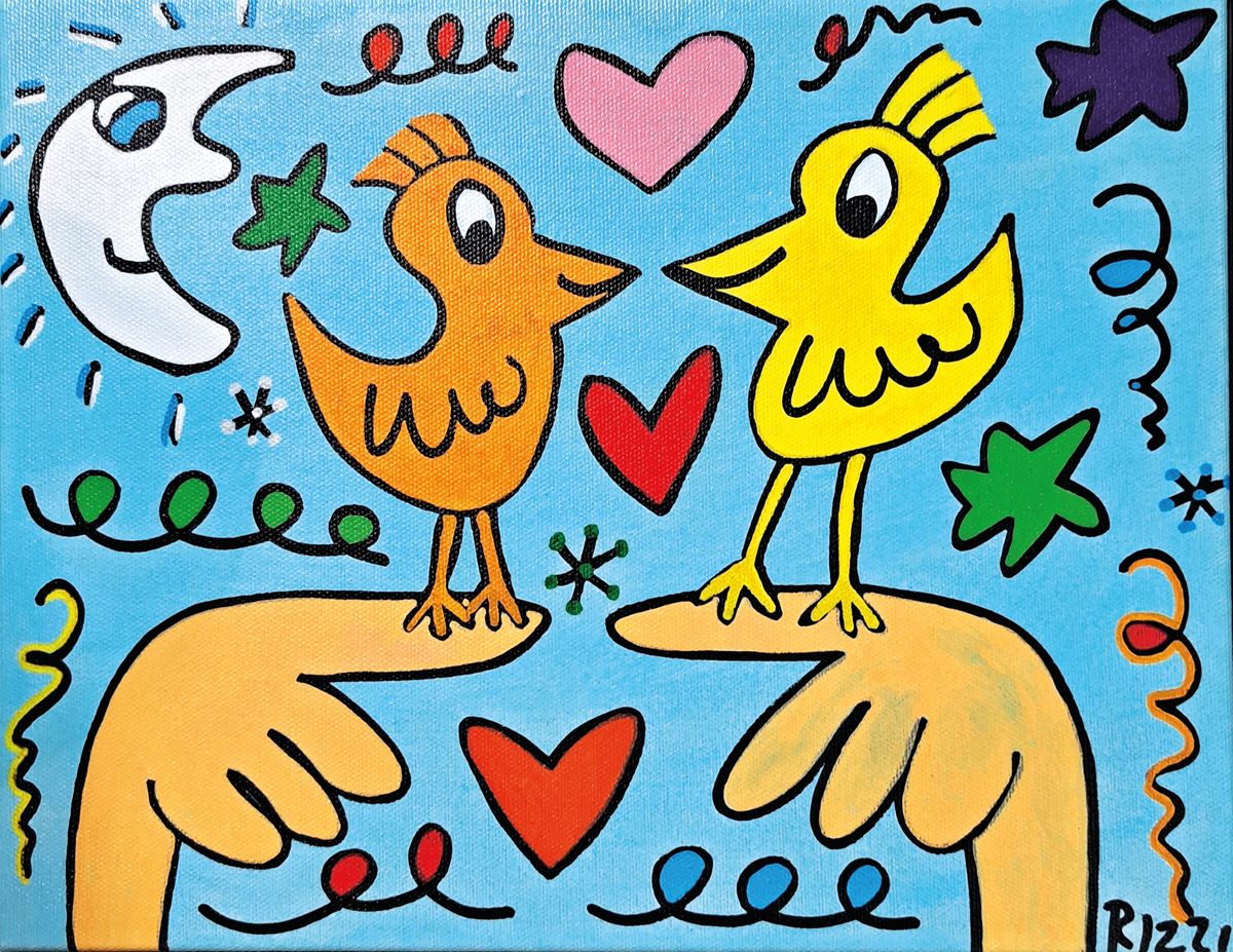 James Rizzi, 1950-2011, Love those Love Birds", Pigmentdruck/Lwd, rechts unten drucksign., R. gesamt ca. 29x36 cm , Zertifikat von Kunsthandel ...