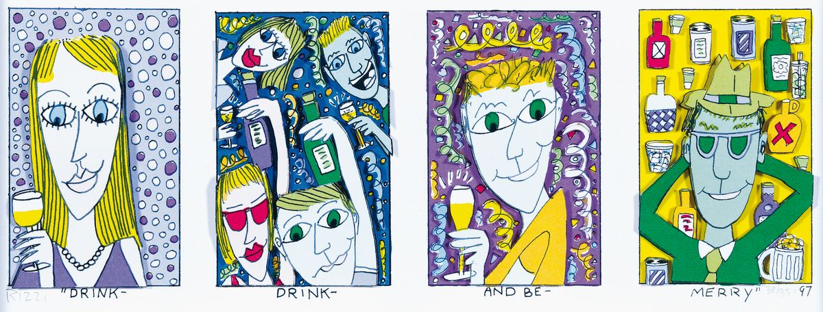 James Rizzi, 1950-2011, "Drink Drink AND BE MERRY", 3D- Konstruktion, handsign., num.38/350, dat. 97, unter Glas, gesamt ca. 29,5x48,5 cm