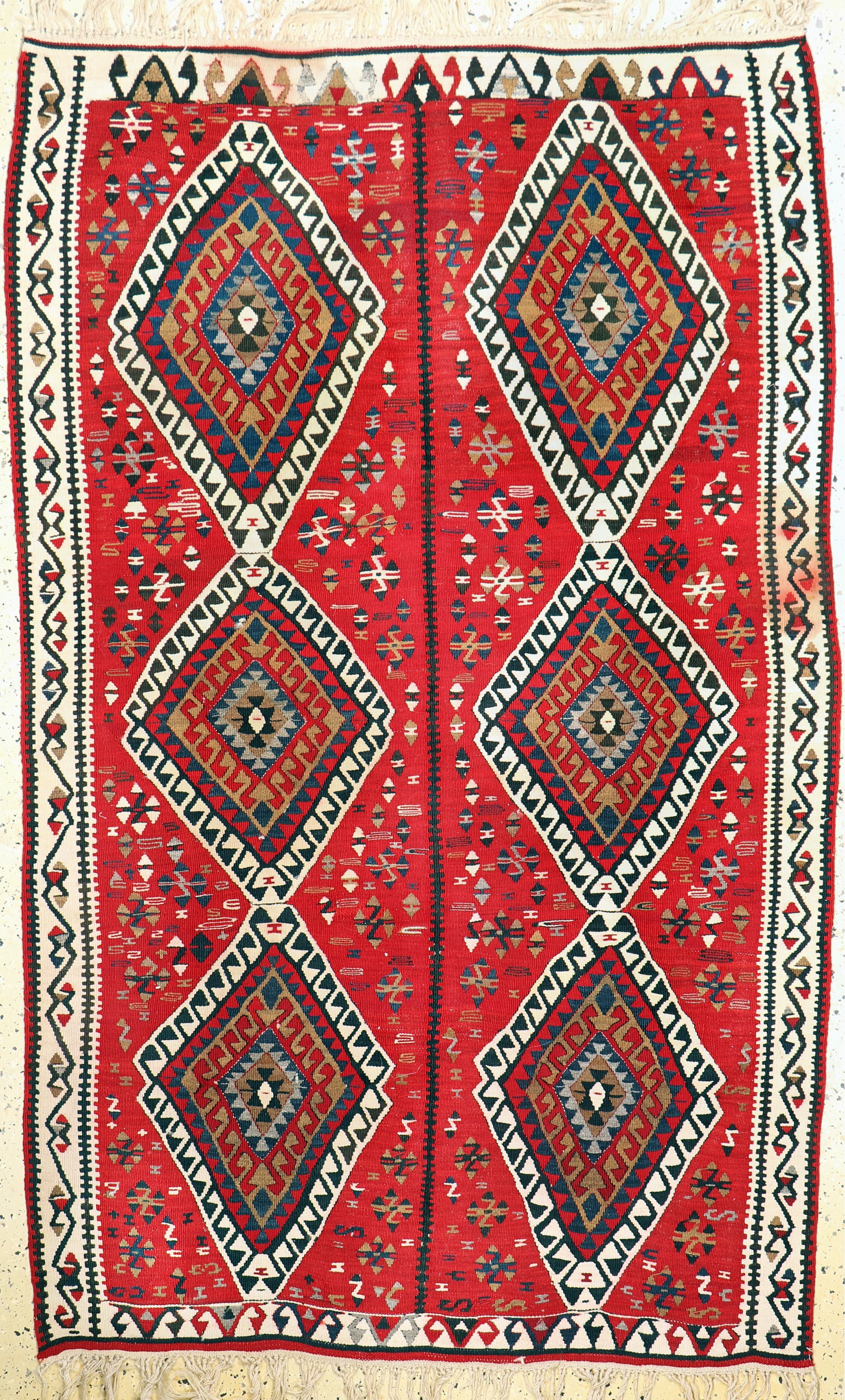 Anatol Kelim(2 Bahnig), Türkei, ca. 50 Jahre, Wolle auf Wolle, ca. 208 x 126 cm, EHZ:2(Fleck).